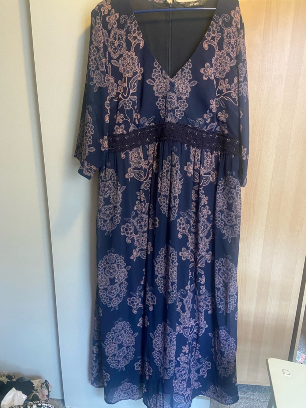 eshakti Navy Maxi Dress with Pink Floral Lace Waist